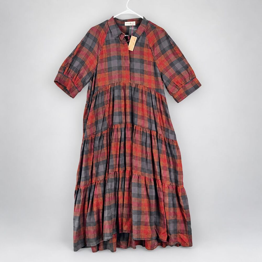 NWT Natural Life Rebecca Flannel Maxi Dress L Black Orange Plaid Cotton Pockets